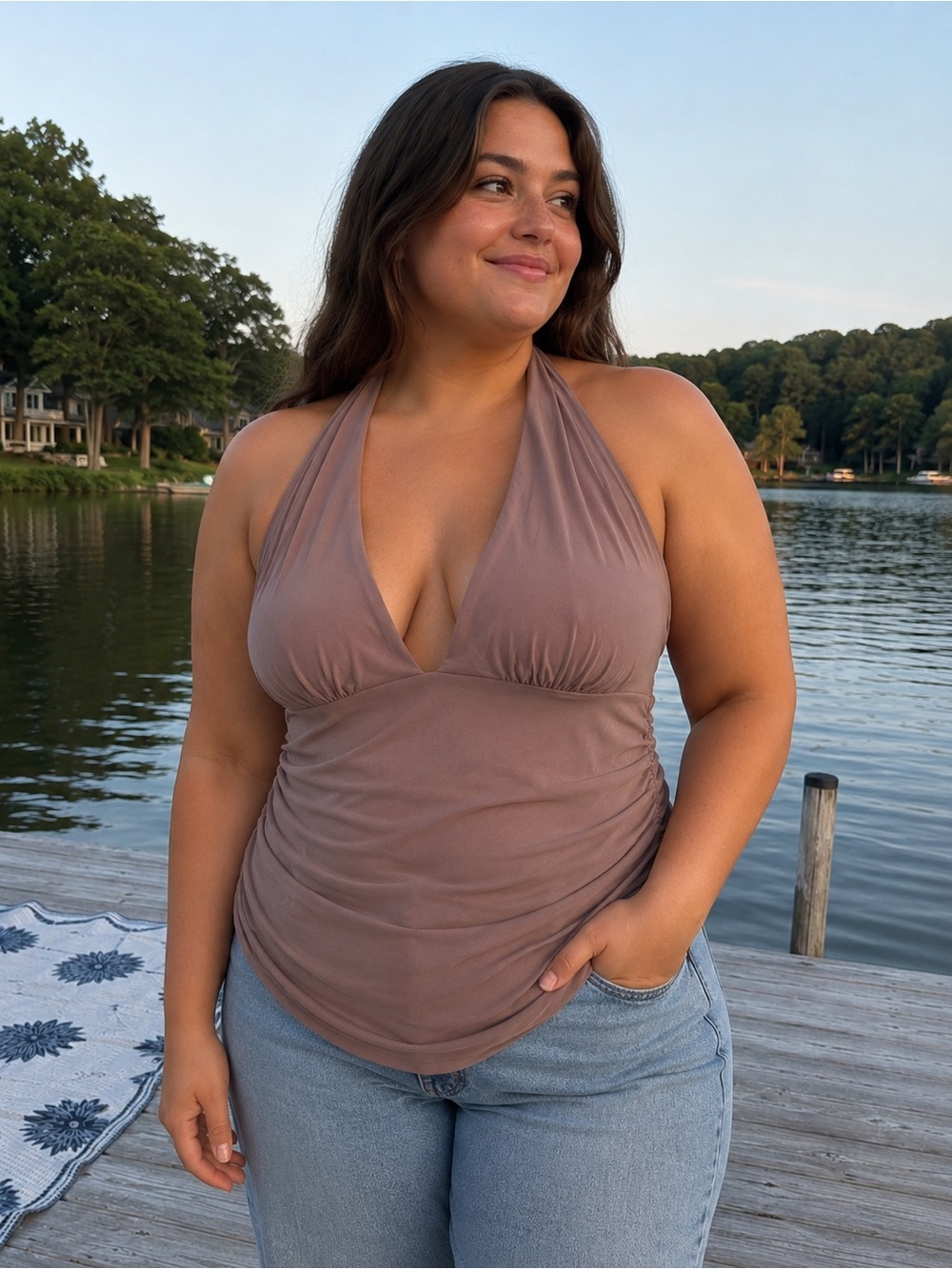 Light Brown Halter Ruched Tank Top